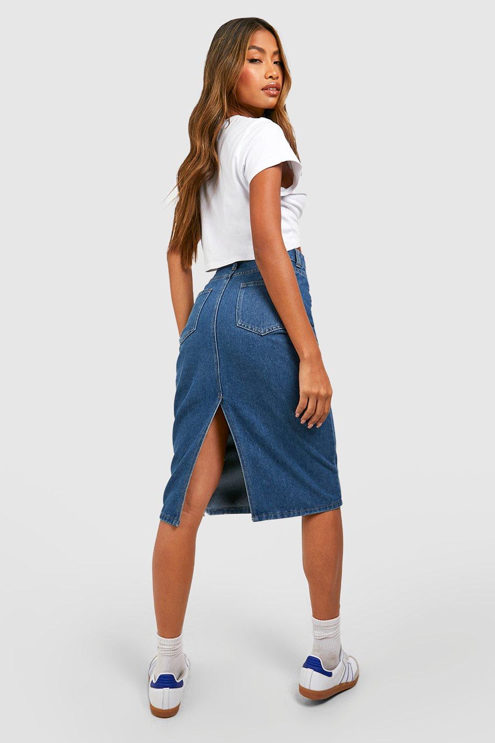 Women s High Waisted Denim Midi Skirt Boohoo UK